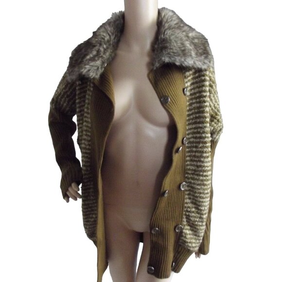 Lilly McKay Cardigan Sweater Size Medium Brown Striped removable faux fur collar - Picture 10 of 11
